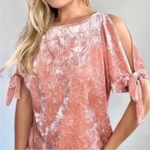 Maeve Anthropologie Blush Crushed Velvet Cold Shoulder Tie Sleeve Top Sz L EUC!